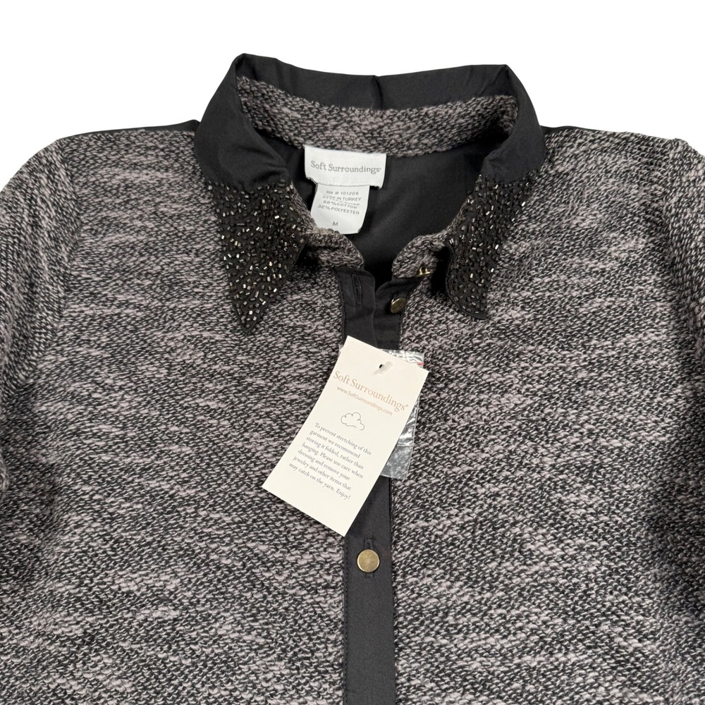 Soft Surroundings Sweater Womens Medium Black Gray Beaded Collar Knit Shirt New